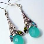 Aqua Dangle Earrings With Art Nouveau Pendants