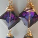 Purple Geometric Faceted Earrings With Gold Metal..