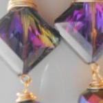 Purple Geometric Faceted Earrings With Gold Metal..