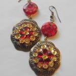 Red And Gold Rhinestone Earrings With Oxidized..