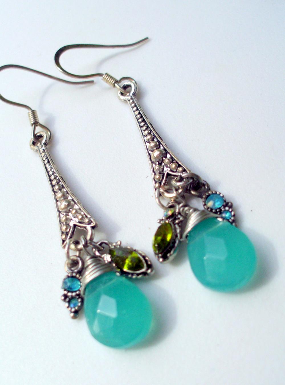 Aqua Dangle Earrings With Art Nouveau Pendants