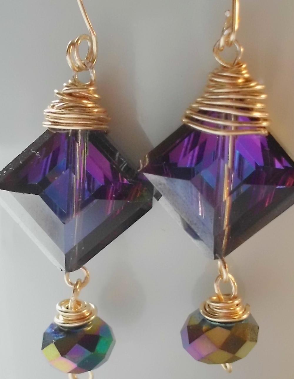 Purple Geometric Faceted Earrings With Gold Metal Wire Wraps