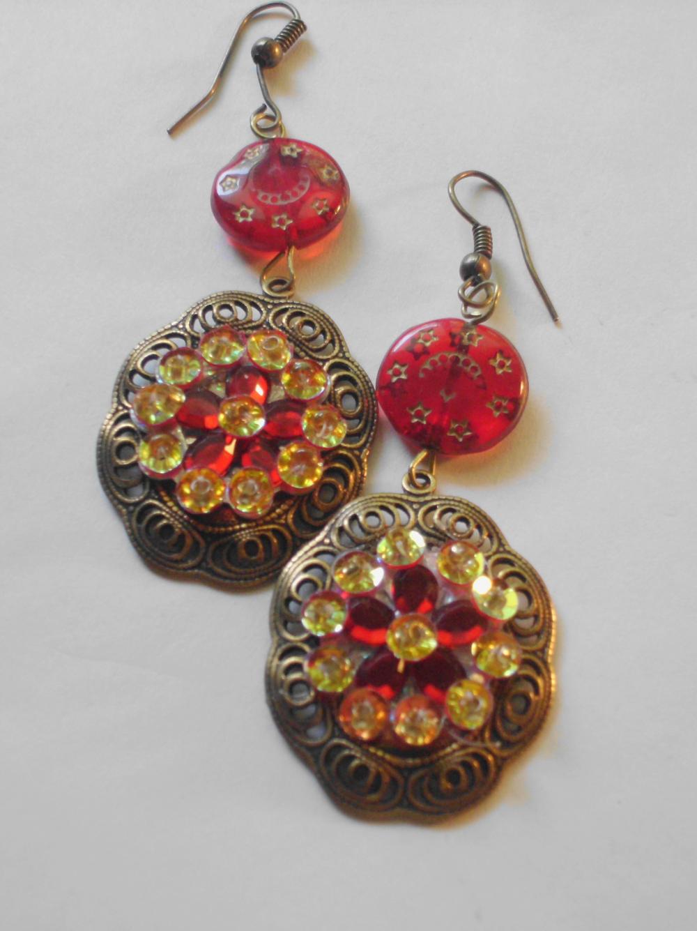 Red And Gold Rhinestone Earrings With Oxidized Brass Pendants