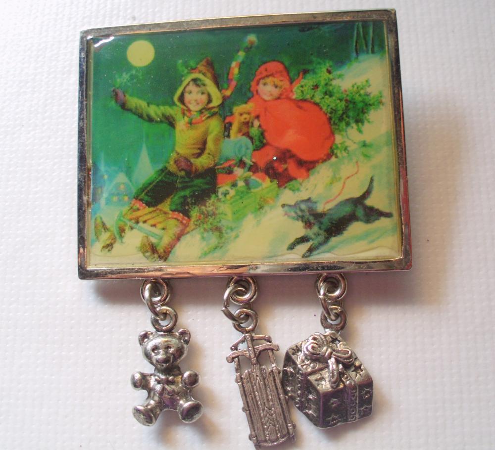 Vintage Christmas Picture Pin, Children Sledding With Charm Dangles